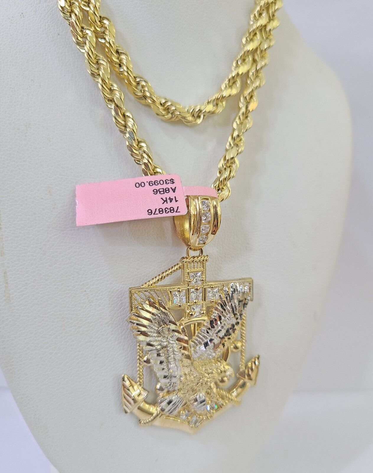 Real 14k Yellow Gold Rope Chain Eagle Anchor Charm Set Link 7mm 18"-26" Necklace