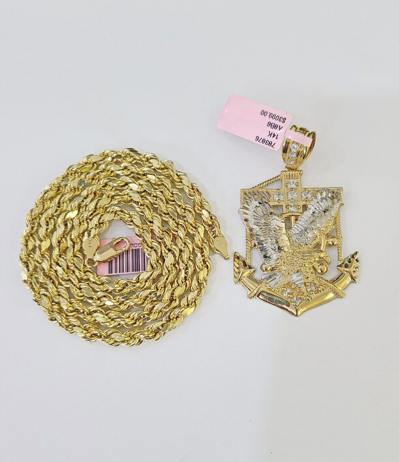 Real 14k Yellow Gold Rope Chain Eagle Anchor Charm Set Link 7mm 18"-26" Necklace