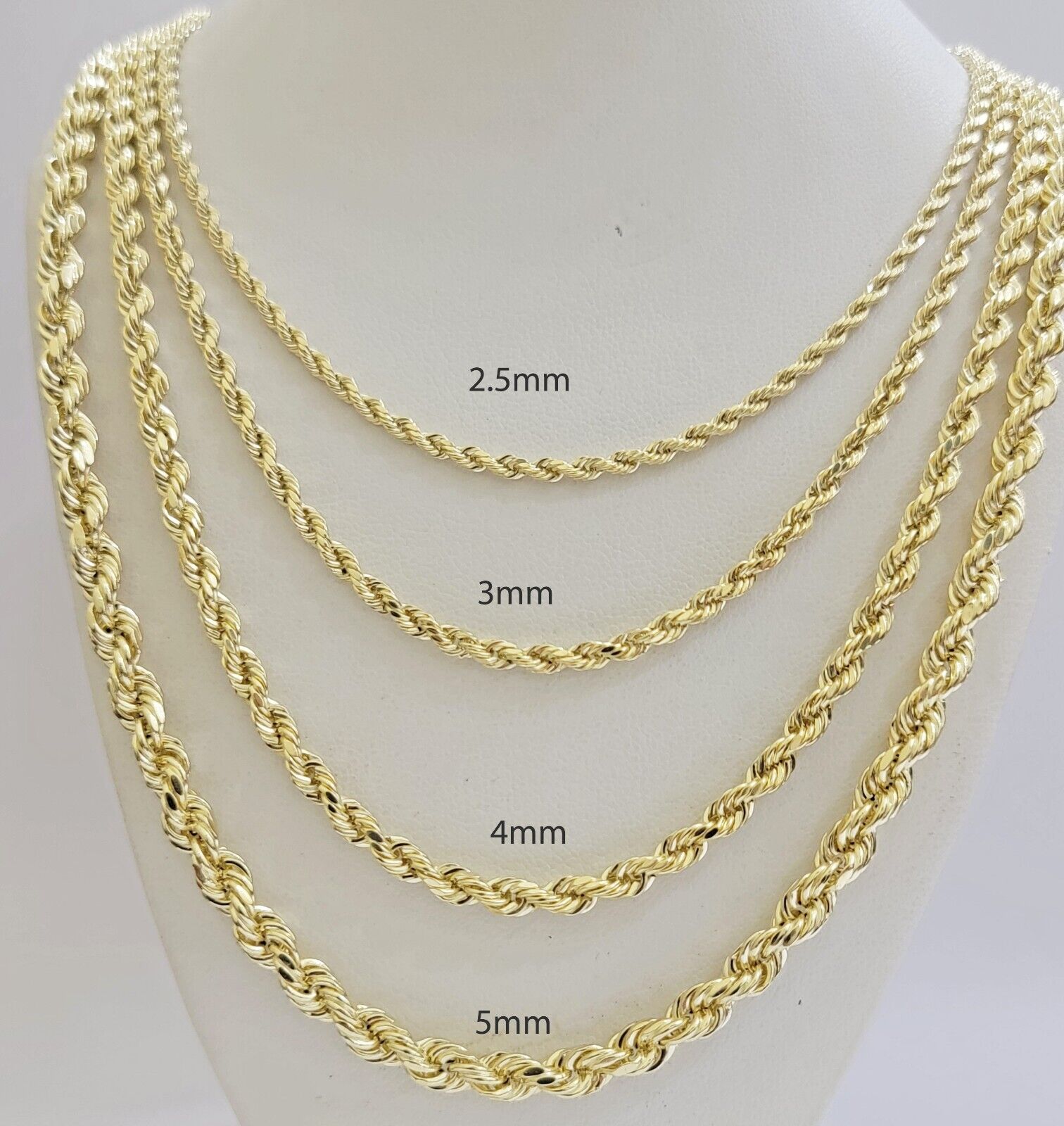 Real 14k Yellow Gold Rope chain necklace 2.5mm 3mm 4mm 5mm 18-26 Inch Men women