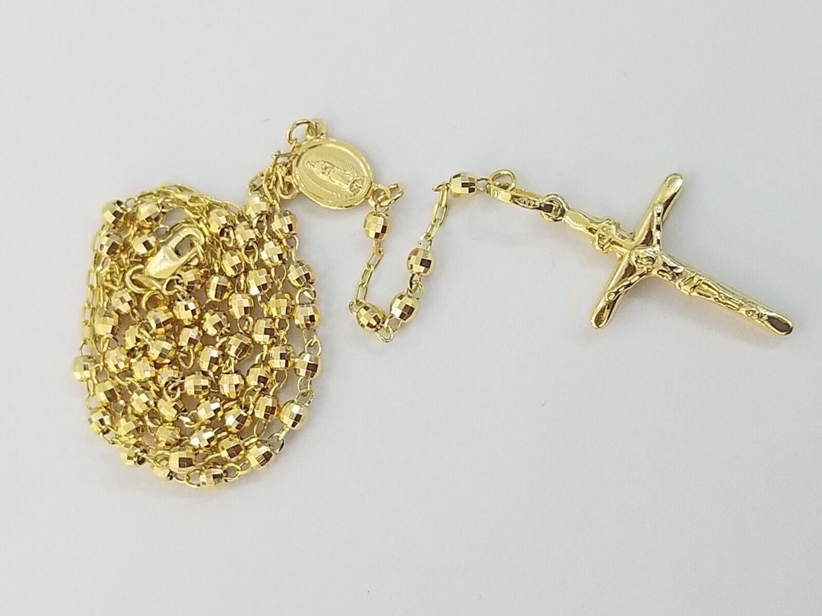Real 14k Yellow Gold Rosary Necklace Women 21" Jesus Crucifix Diamond Cut Solid - GoldenlinQ