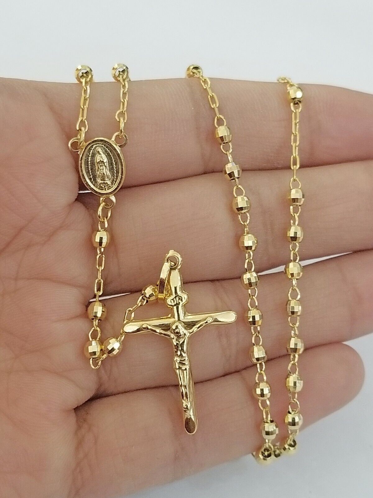 Real 14k Yellow Gold Rosary Necklace Women 21" Jesus Crucifix Diamond Cut Solid - GoldenlinQ