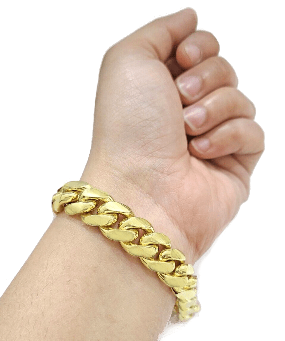 Real 14k Yellow Solid Gold 13mm Miami Cuban Bracelet 9.5'' inch 14kt Unisex - GoldenlinQ
