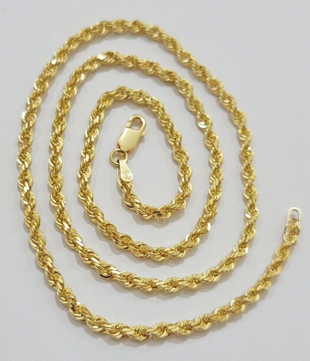 Real 18kt Yellow Gold Rope chain necklace 3mm 18 Inch Men women SOLID HEAVY SALE - GoldenlinQ
