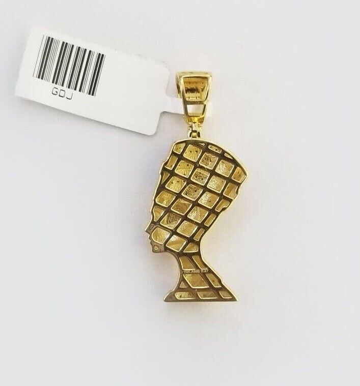 Real Diamond Egyptian Queen Nefertiti Pendant 10K Yellow Gold Charm Men - GoldenlinQ