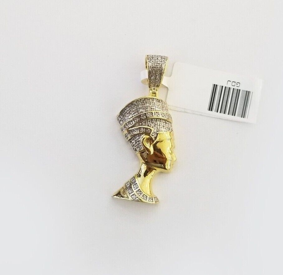 Real Diamond Egyptian Queen Nefertiti Pendant 10K Yellow Gold Charm Men - GoldenlinQ