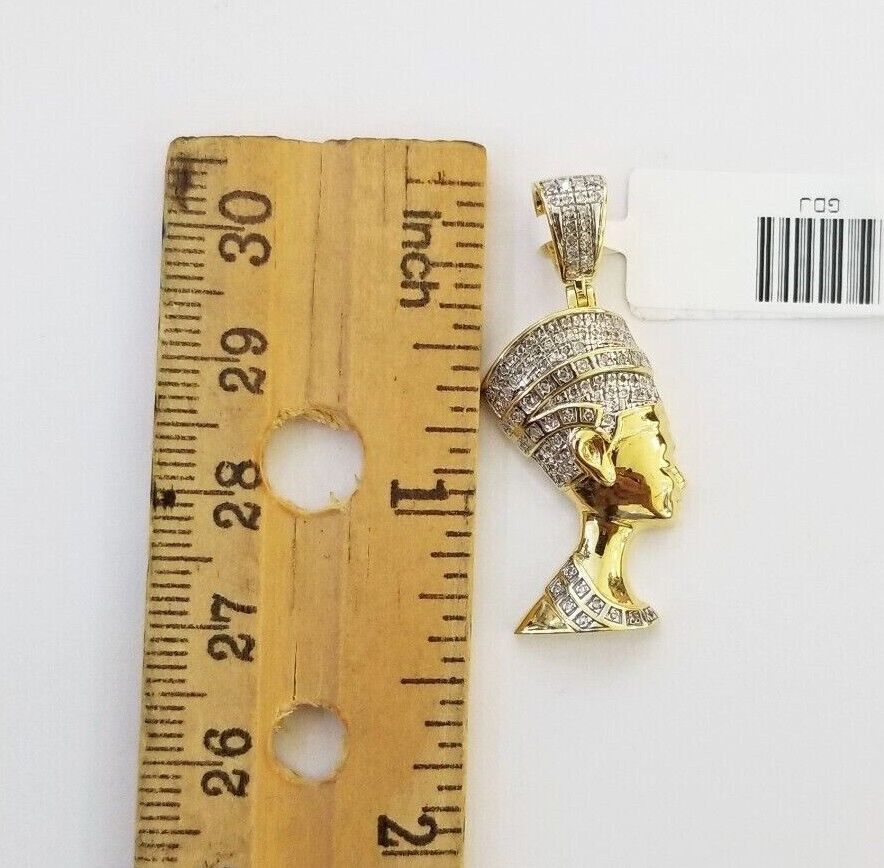 Real Diamond Egyptian Queen Nefertiti Pendant 10K Yellow Gold Charm Men - GoldenlinQ