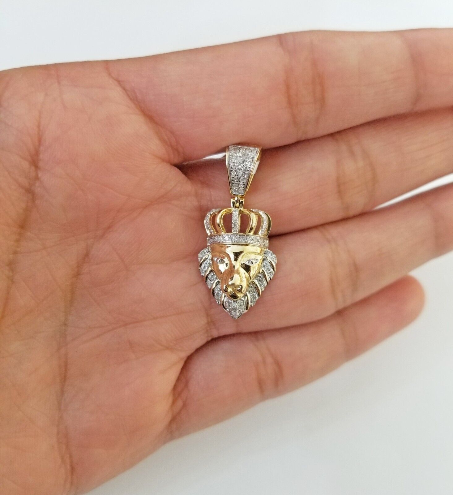 Real Diamond Pendant King Lion Head Men Crown Charm 10k Yellow Gold 1" - GoldenlinQ