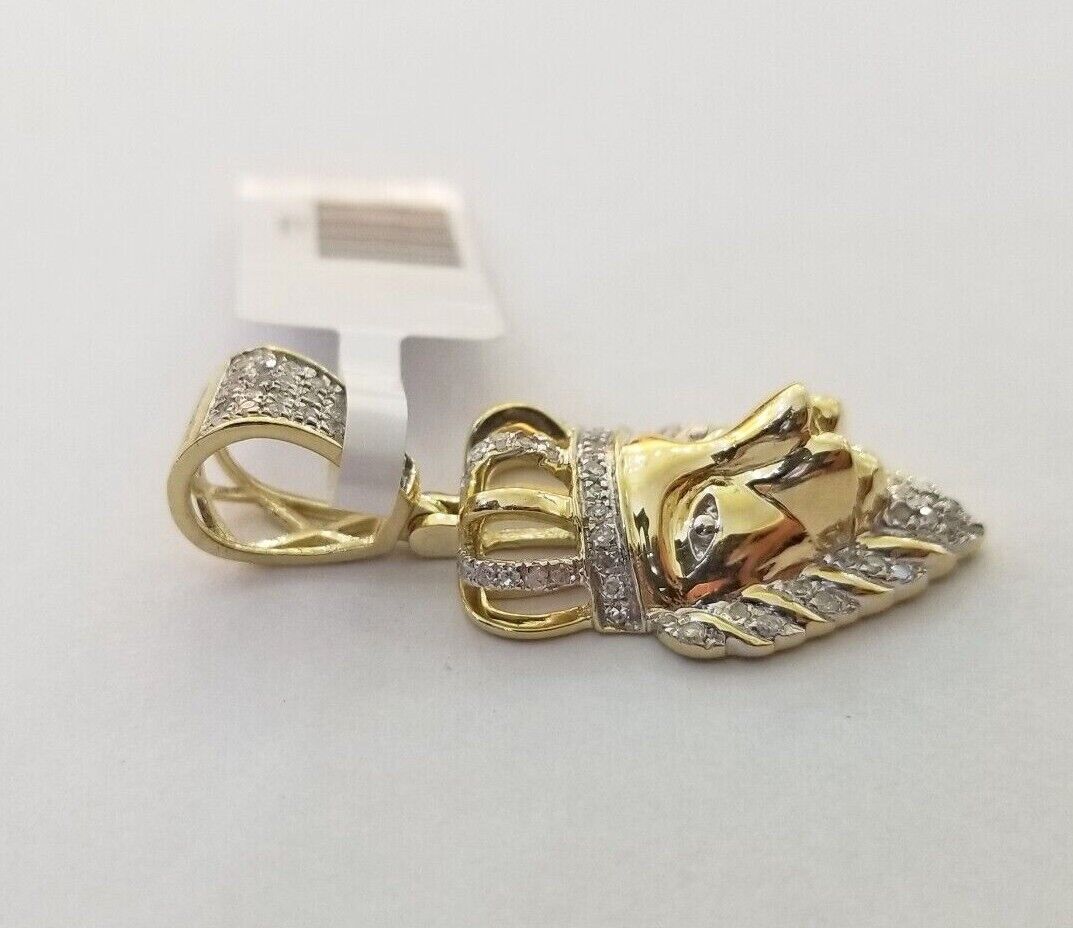 Real Diamond Pendant King Lion Head Men Crown Charm 10k Yellow Gold 1" - GoldenlinQ