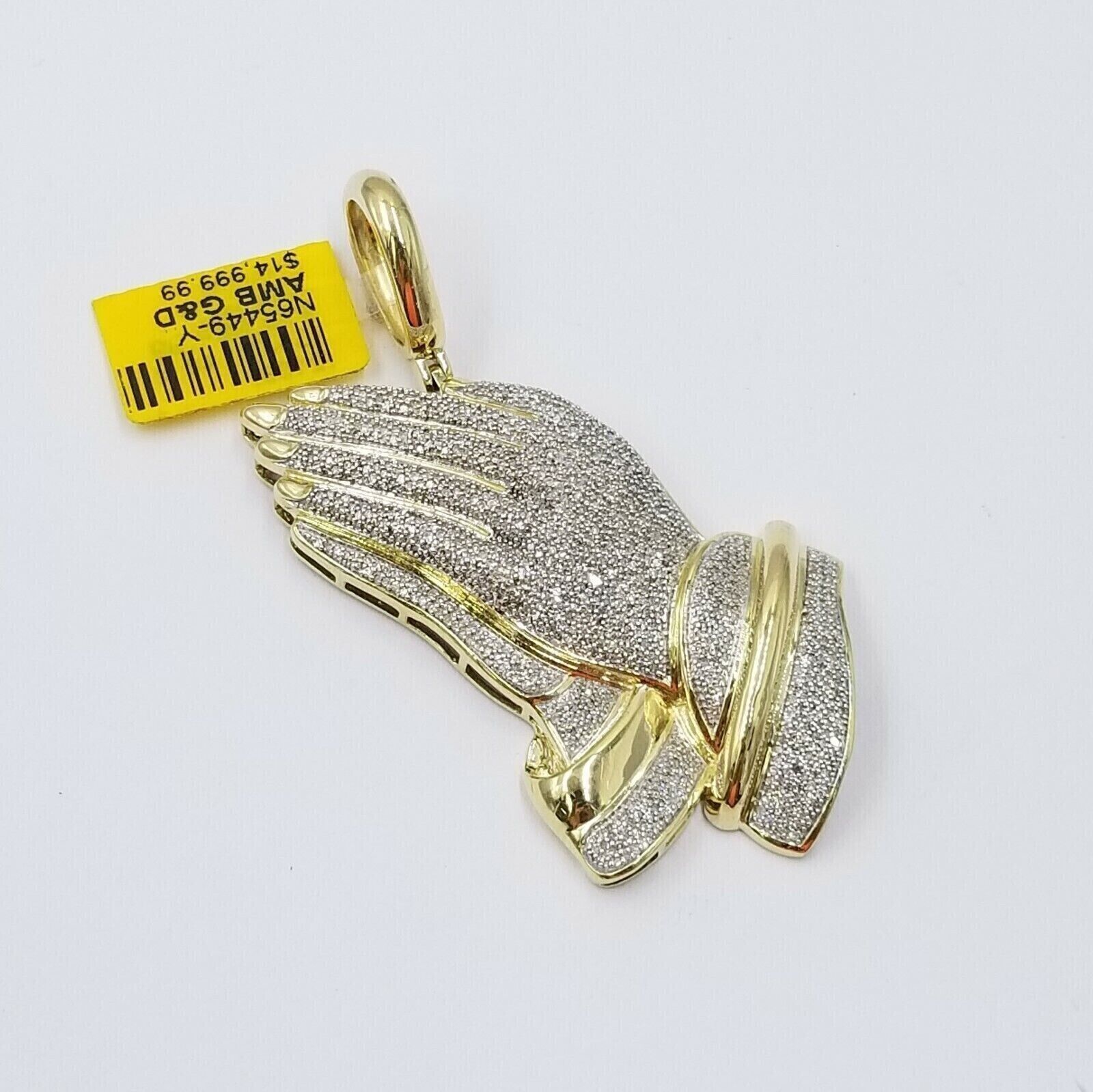 Real Diamonds Praying hand Charm Pendant 1.40CT, 2.4 Inch ,10KT Real Yellow Gold - GoldenlinQ