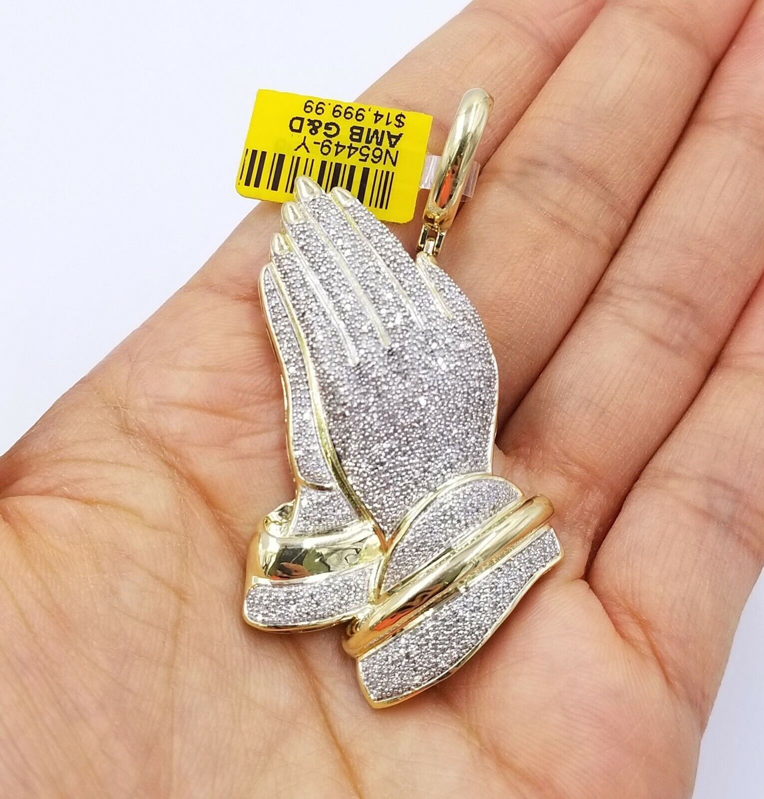Real Diamonds Praying hand Charm Pendant 1.40CT, 2.4 Inch ,10KT Real Yellow Gold - GoldenlinQ