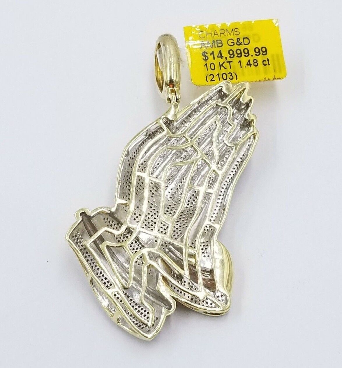 Real Diamonds Praying hand Charm Pendant 1.40CT, 2.4 Inch ,10KT Real Yellow Gold - GoldenlinQ