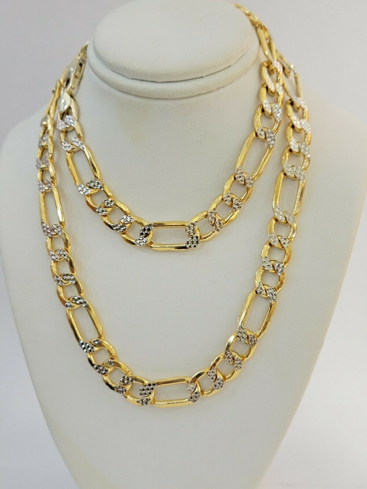 Real Gold 10k Figaro Necklace Men's Chain 9mm 24" Inch Yellow Gold Diamond Cuts - GoldenlinQ