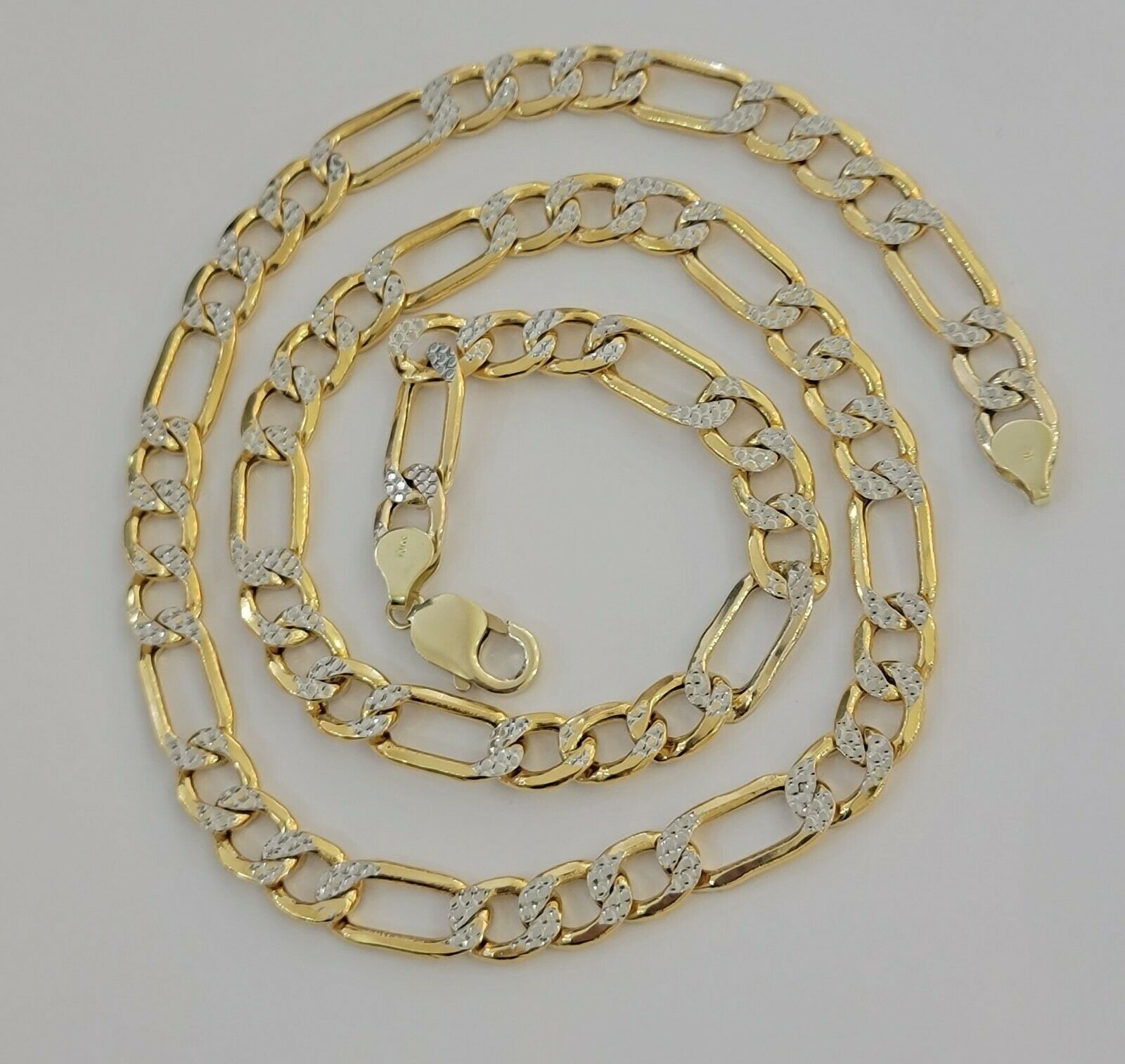 Real Gold 10k Figaro Necklace Men's Chain 9mm 24" Inch Yellow Gold Diamond Cuts - GoldenlinQ