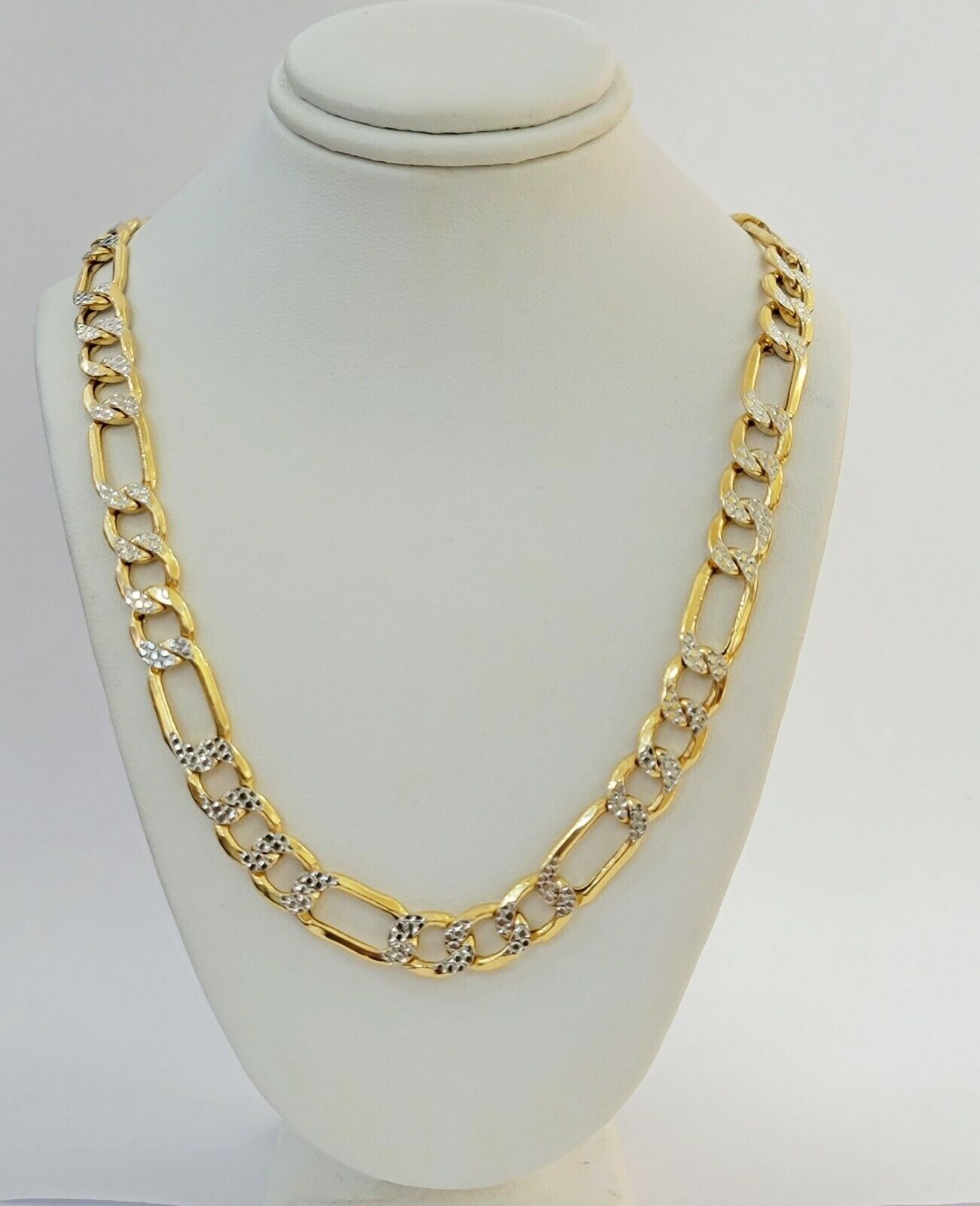 Real Gold 10k Figaro Necklace Men's Chain 9mm 24" Inch Yellow Gold Diamond Cuts - GoldenlinQ