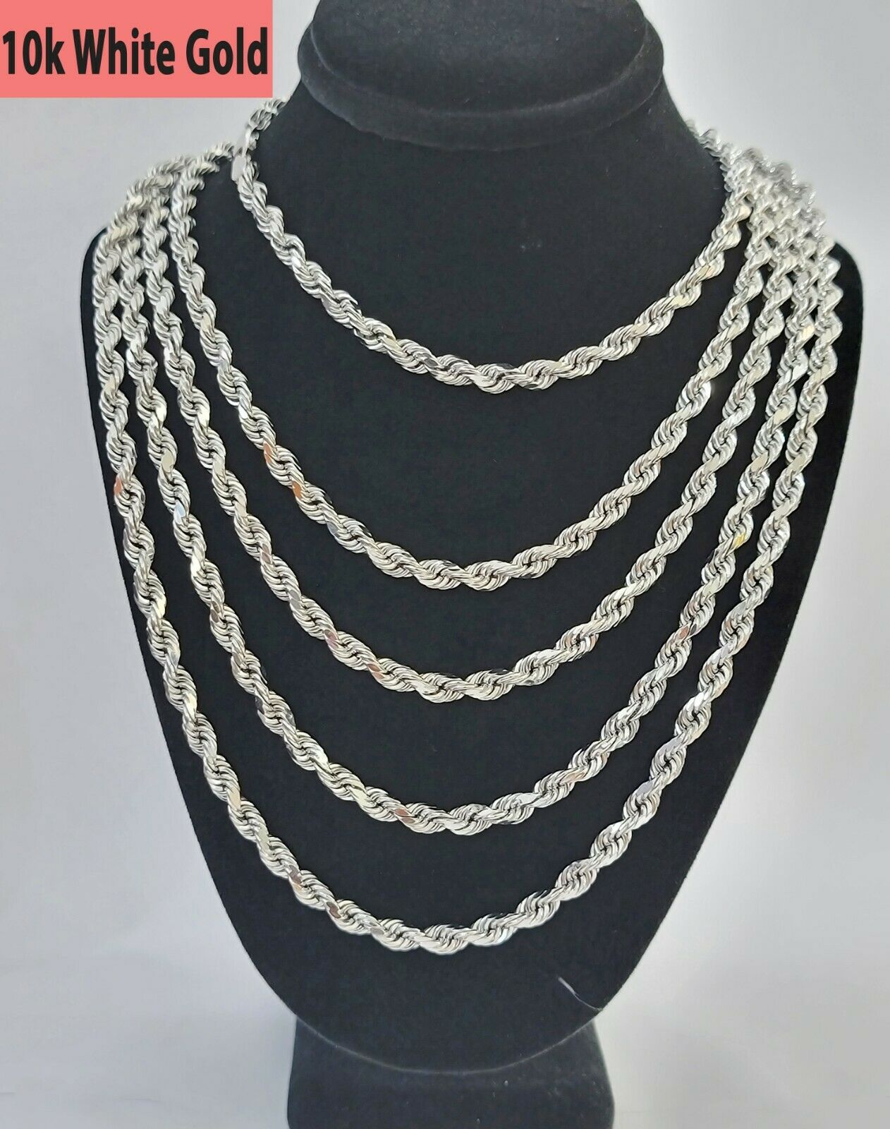 Real Gold 10k Rope Necklace Men's Chain 4mm 20" 22" 24" White Gold Diamond Cuts - GoldenlinQ