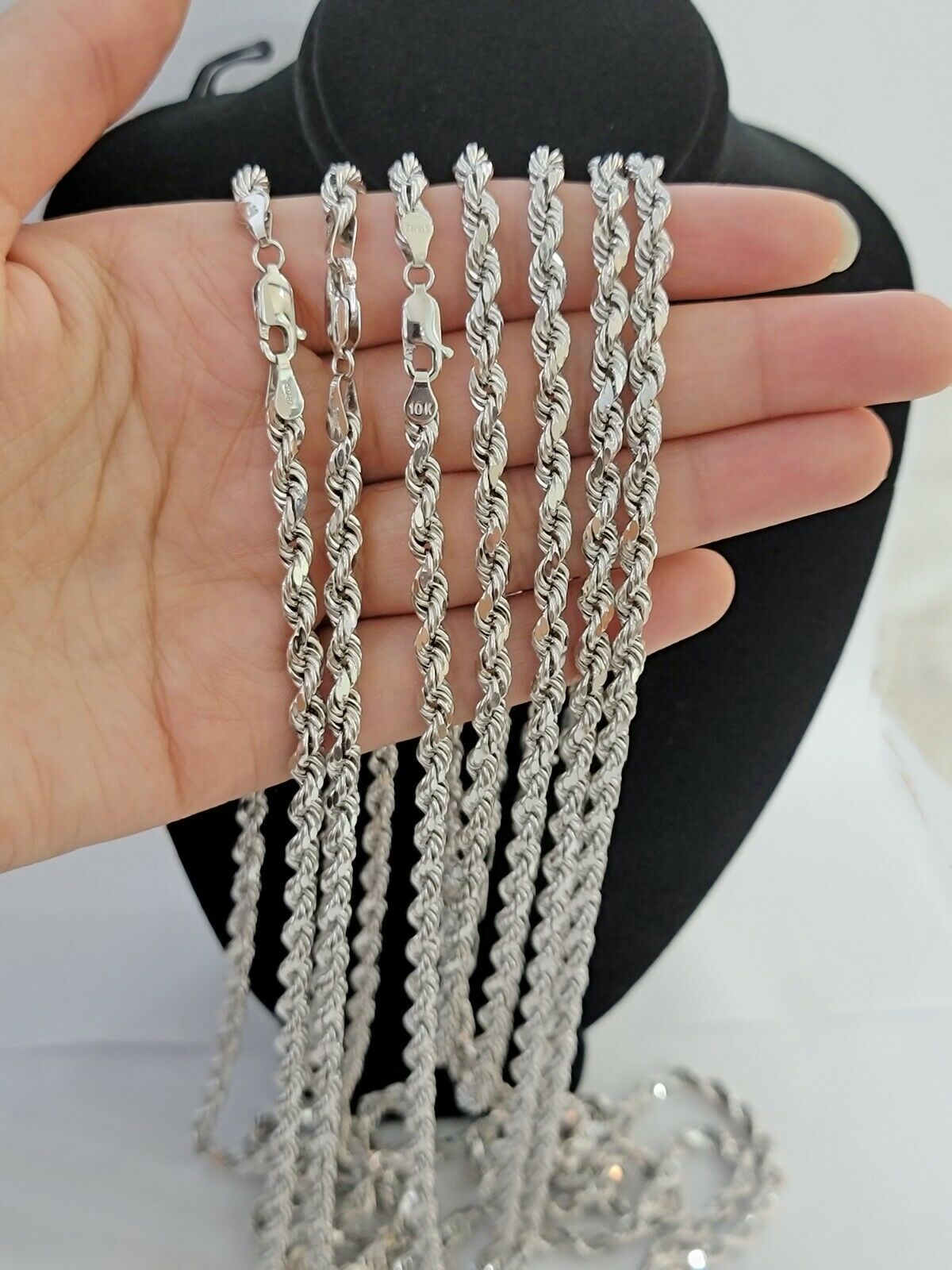 Real Gold 10k Rope Necklace Men's Chain 4mm 20" 22" 24" White Gold Diamond Cuts - GoldenlinQ