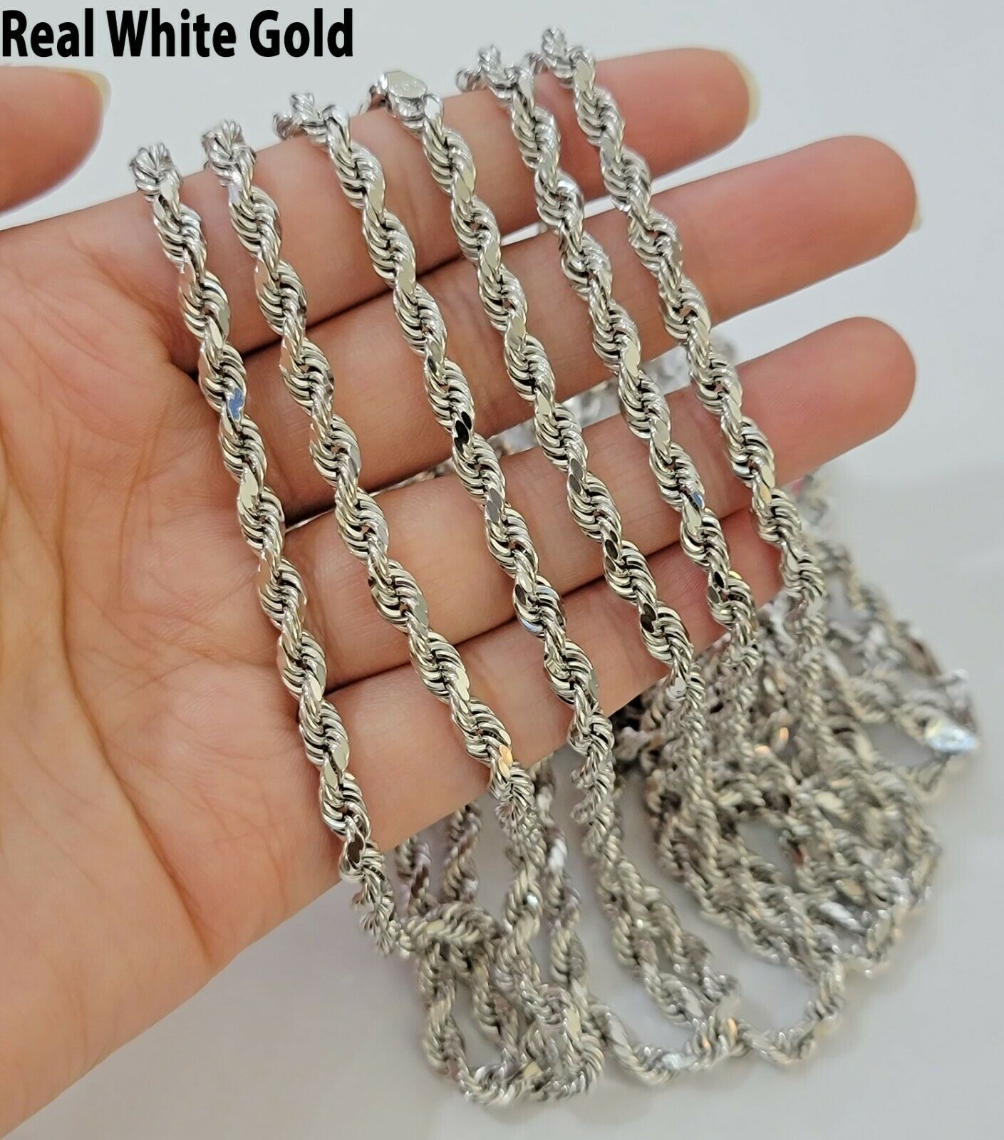 Real Gold 10k Rope Necklace Men's Chain 4mm 20" 22" 24" White Gold Diamond Cuts - GoldenlinQ