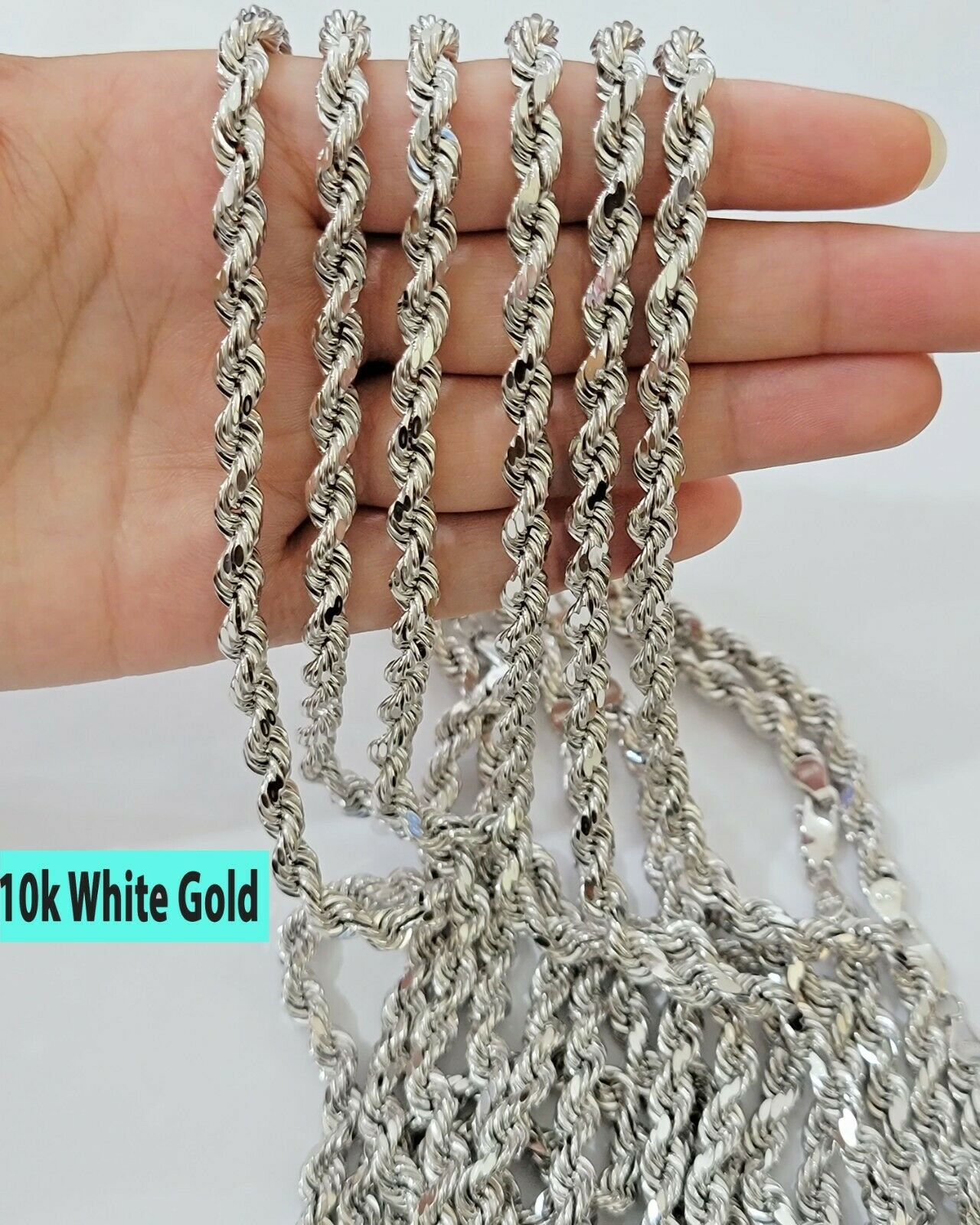 Real Gold 10k Rope Necklace Men's Chain 6mm 20" 22" 24" White Gold Diamond Cuts - GoldenlinQ