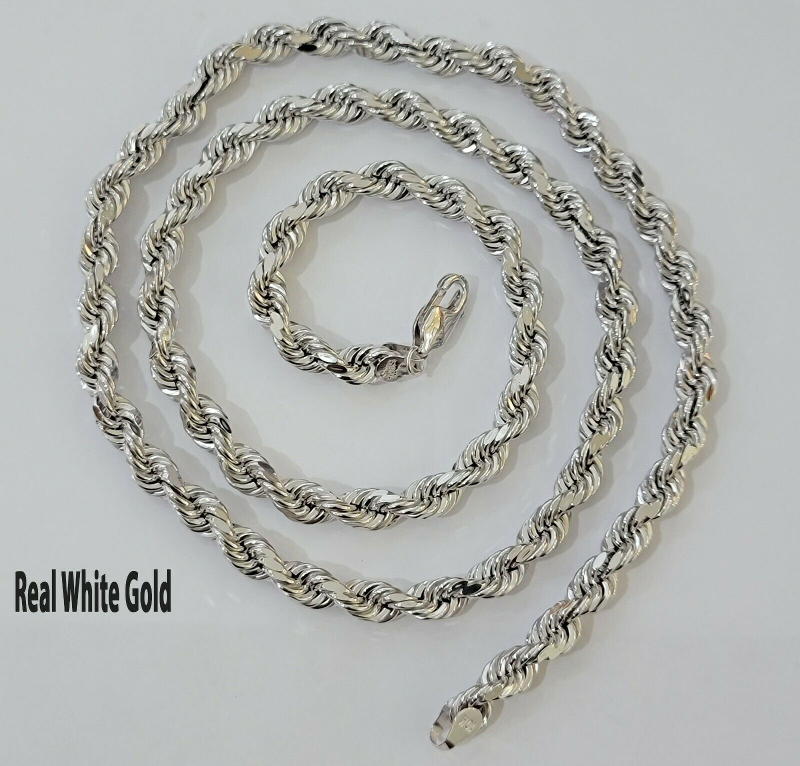 Real Gold 10k Rope Necklace Men's Chain 6mm 20" 22" 24" White Gold Diamond Cuts - GoldenlinQ