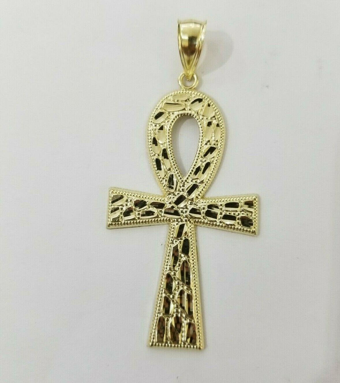 Real Gold Ankh Cross Charm Pendant 10k Yellow Gold Nugget Diamond Cuts Men Women - GoldenlinQ