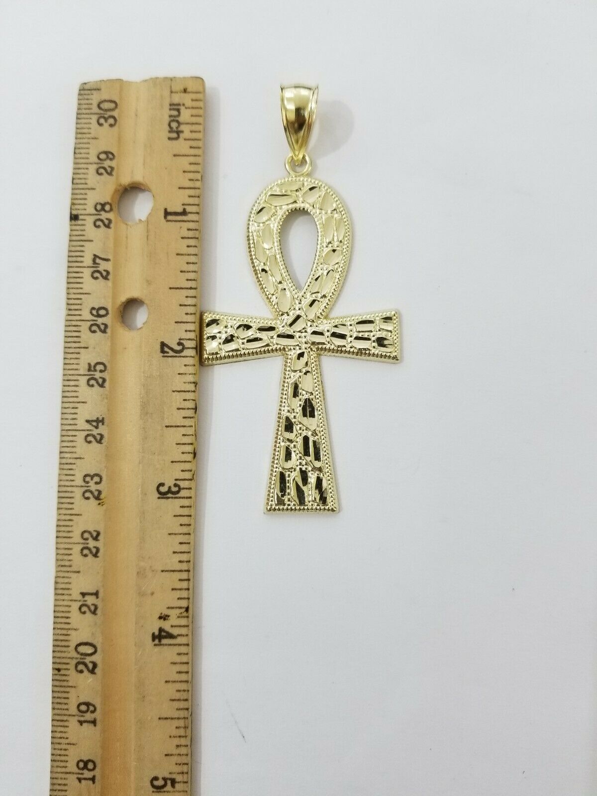 Real Gold Ankh Cross Charm Pendant 10k Yellow Gold Nugget Diamond Cuts Men Women - GoldenlinQ