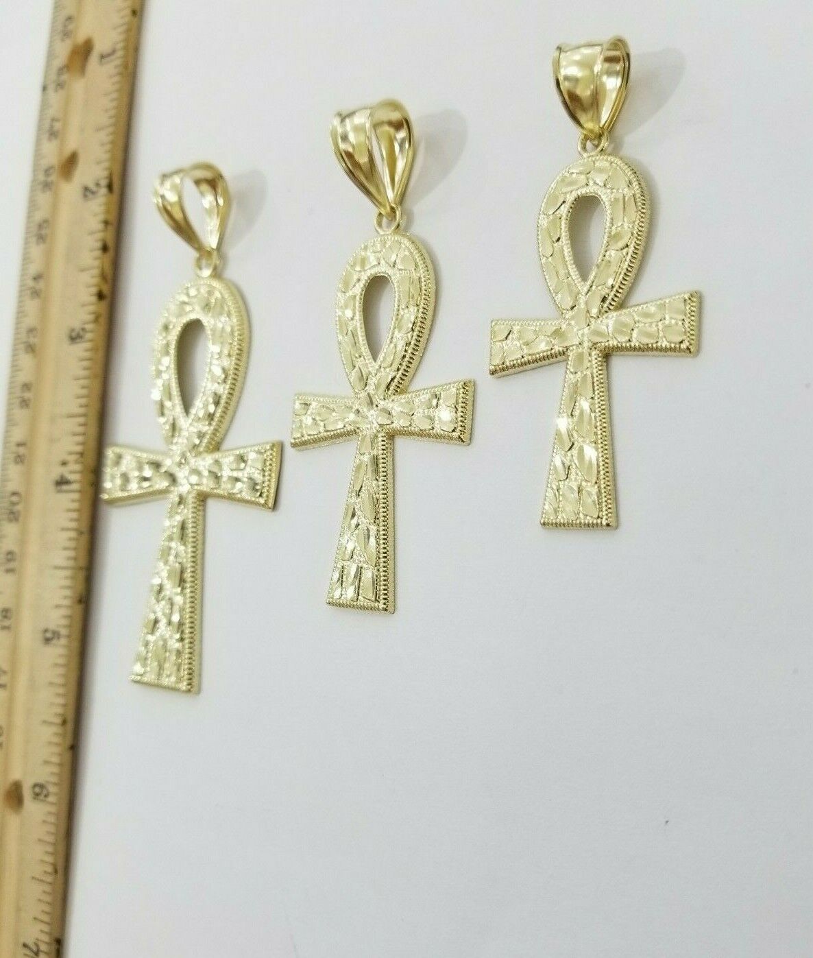 Real Gold Ankh Cross Charm Pendant 10k Yellow Gold Nugget Diamond Cuts Men Women - GoldenlinQ