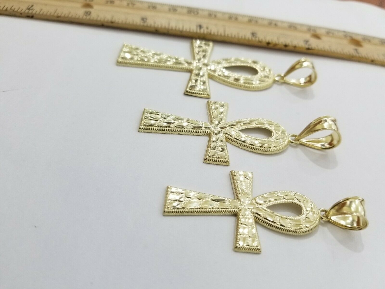 Real Gold Ankh Cross Charm Pendant 10k Yellow Gold Nugget Diamond Cuts Men Women - GoldenlinQ