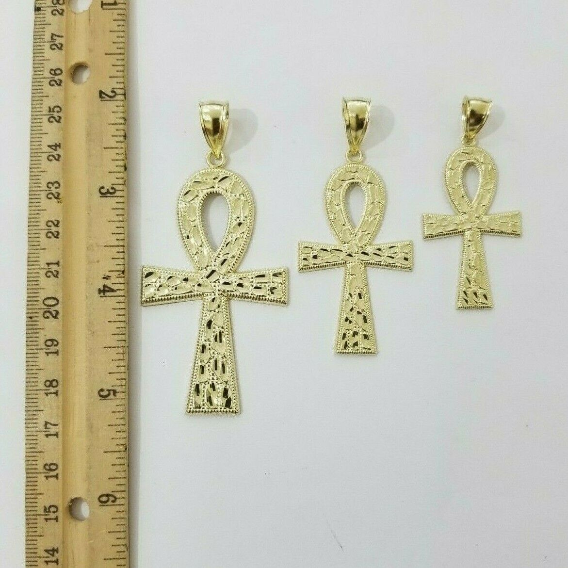 Real Gold Ankh Cross Charm Pendant 10k Yellow Gold Nugget Diamond Cuts Men Women - GoldenlinQ
