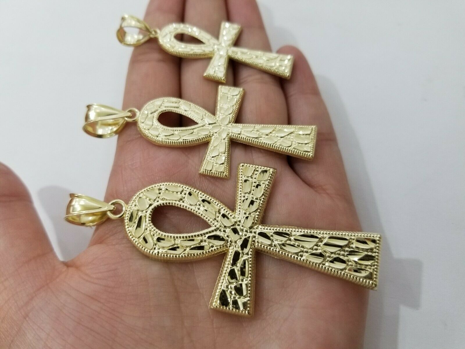 Real Gold Ankh Cross Charm Pendant 10k Yellow Gold Nugget Diamond Cuts Men Women - GoldenlinQ