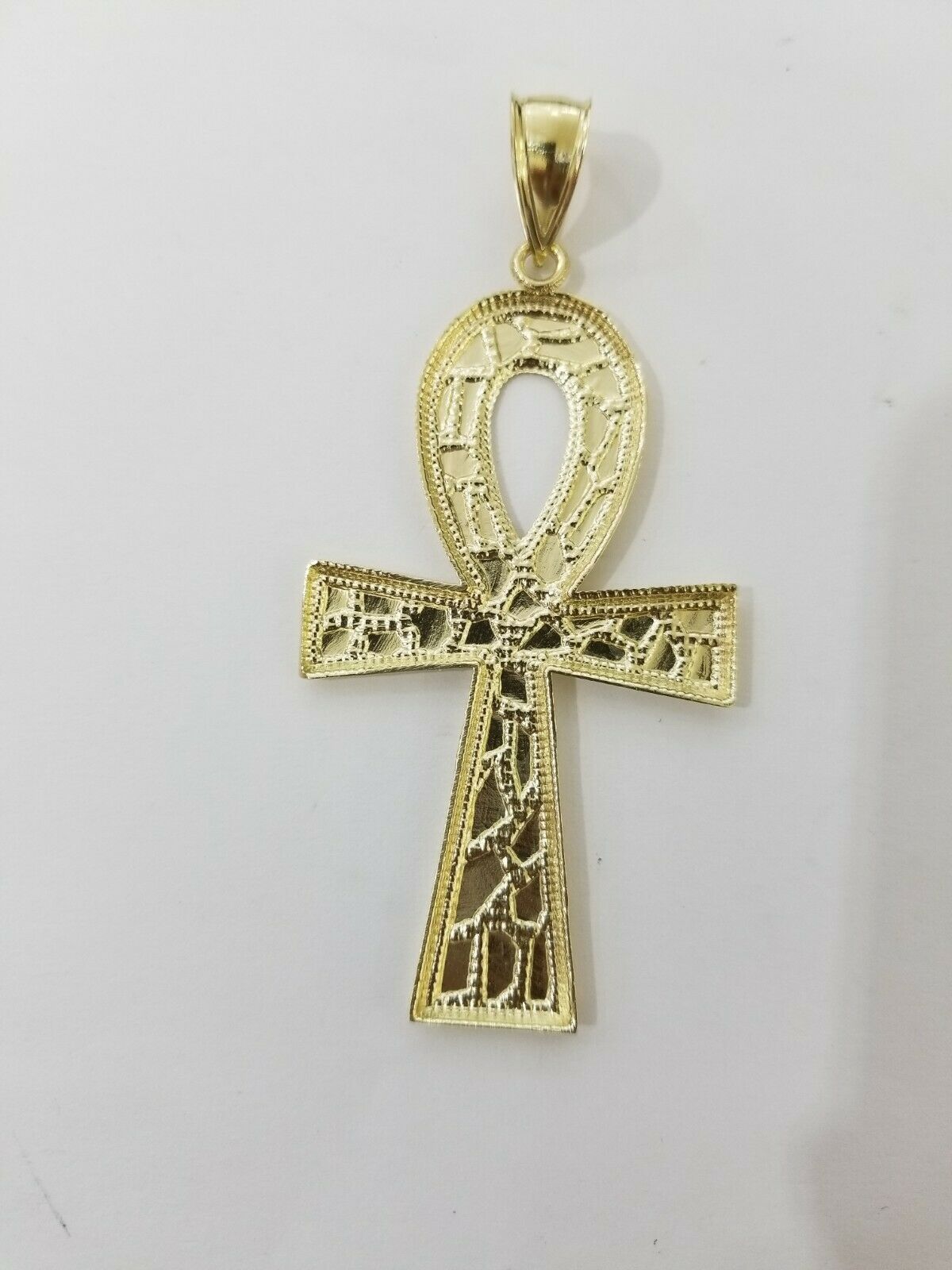 Real Gold Ankh Cross Charm Pendant 10k Yellow Gold Nugget Diamond Cuts Men Women - GoldenlinQ