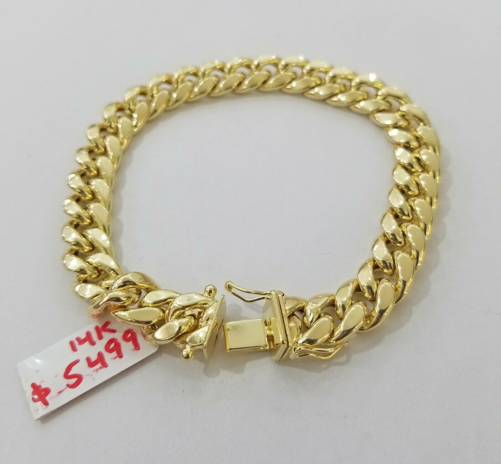 REAL GOLD Bracelet 14KT Miami Cuban Link 8" 9mm Box Clasp Yellow 14kt Gold MENS - GoldenlinQ