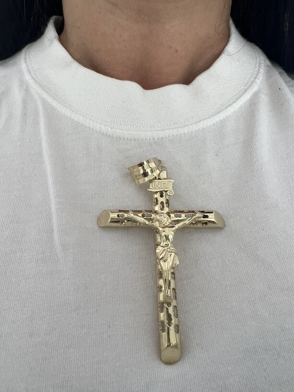 Real Gold Cross Charm Jesus christ pendant INRI crucifix 10k Yellow oro 2.4 Inch - GoldenlinQ