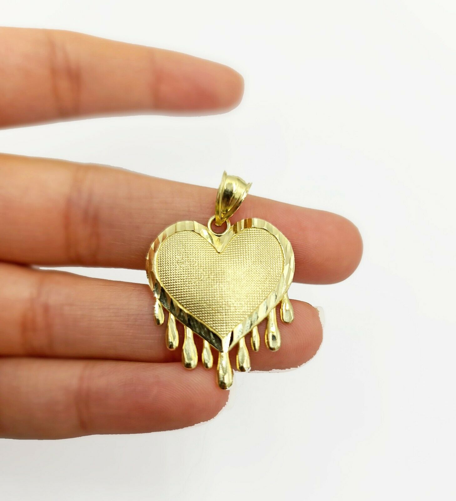 Real Gold Heart Pendant ladies Charm 10KT Yellow Gold Dripping Heart Love Oro - GoldenlinQ