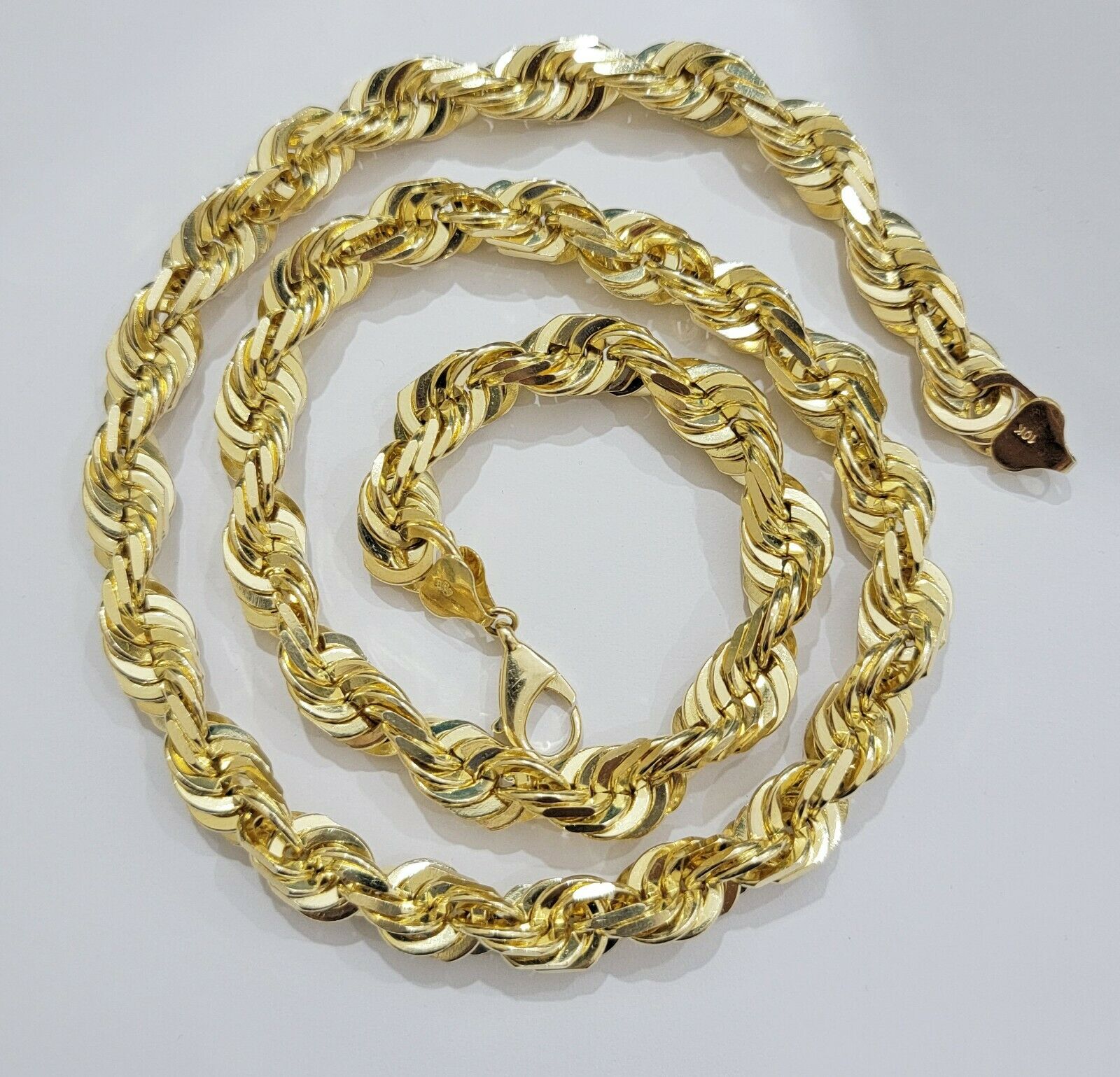 REAL Solid 10k Gold Rope Chain 10mm Necklace 20 22 24 26 Inch Long Diamond Cuts - GoldenlinQ