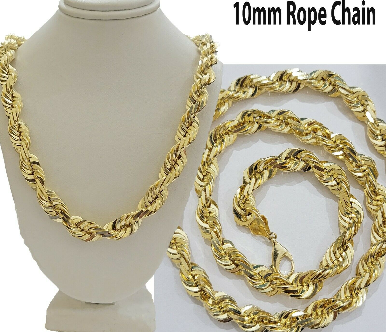 REAL Solid 10k Gold Rope Chain 10mm Necklace 20 22 24 26 Inch Long Diamond Cuts - GoldenlinQ