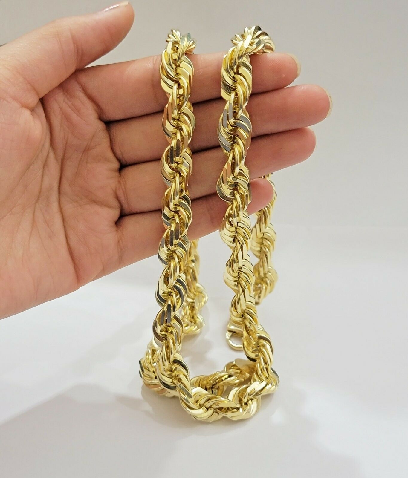 REAL Solid 10k Gold Rope Chain 10mm Necklace 20 22 24 26 Inch Long Diamond Cuts - GoldenlinQ