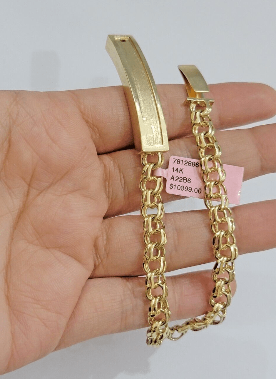 Real Solid 14kt Yellow Gold Chino ID Men's Name Plate Bracelet 8mm 8 Inches SALE - GoldenlinQ