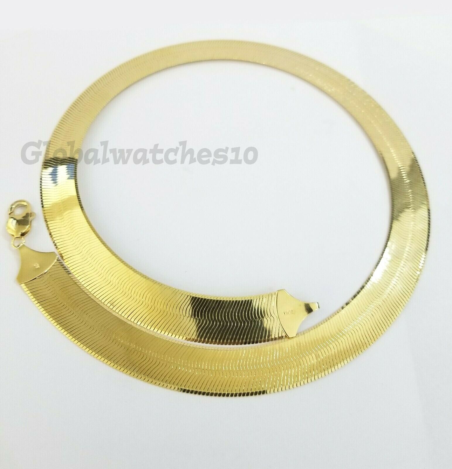 REAL10k 15mm Yellow Gold Herring Bone Chain Necklace 20" Lobster lock Men Women - GoldenlinQ