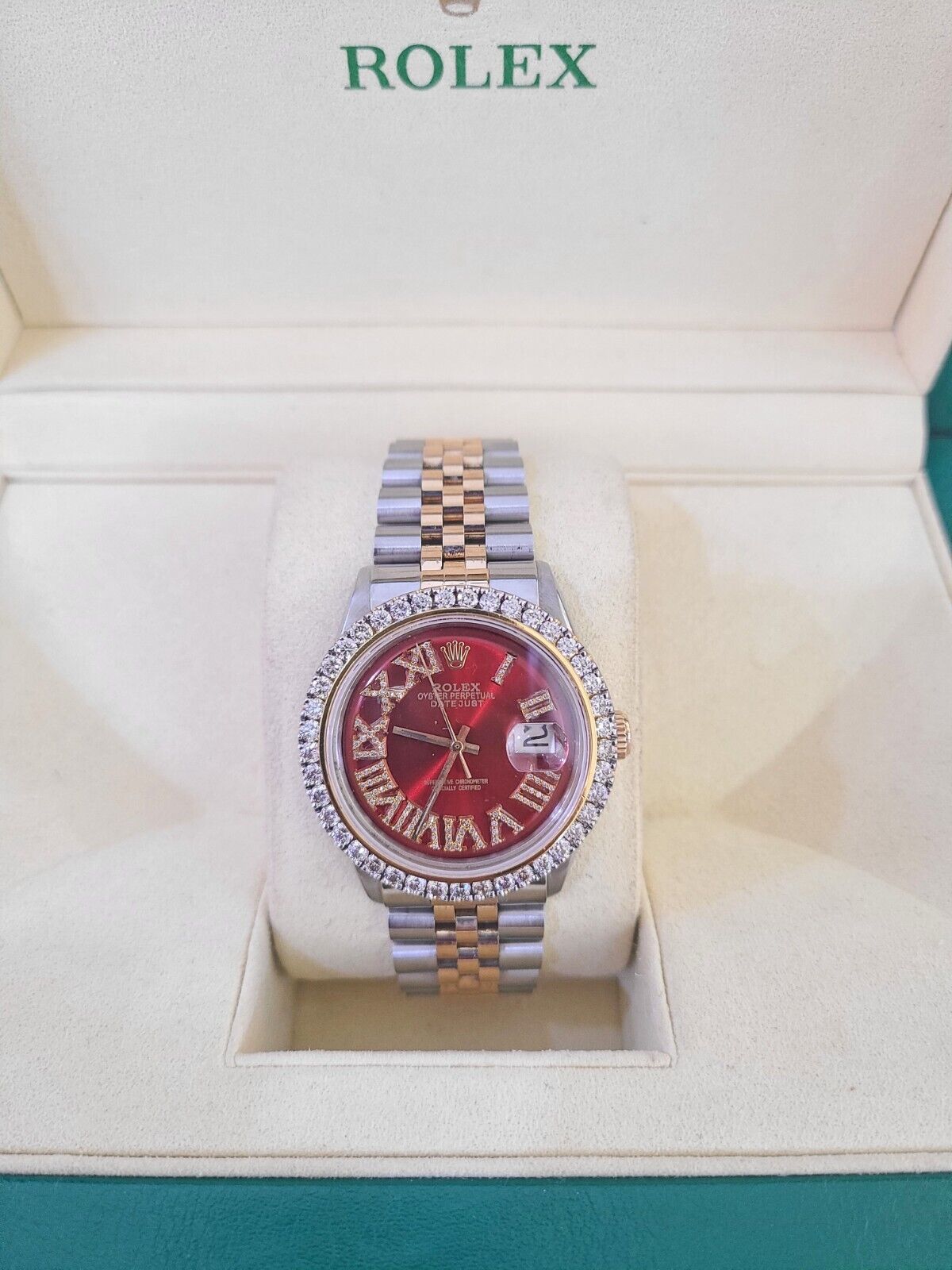 ROLEX Datejust Stainless Watch Red Roman Dial Diamond Bezel 36mm For Men - GoldenlinQ