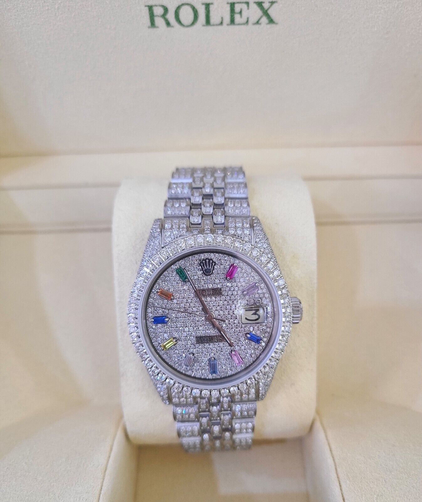 ROLEX Mens Datejust Rainbow Dial Iced Out Fully Load Genuine Diamonds 36mm Watch - GoldenlinQ