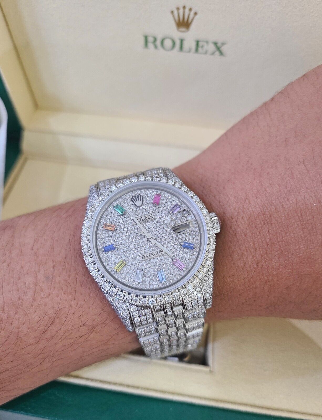 ROLEX Mens Datejust Rainbow Dial Iced Out Fully Load Genuine Diamonds 36mm Watch - GoldenlinQ