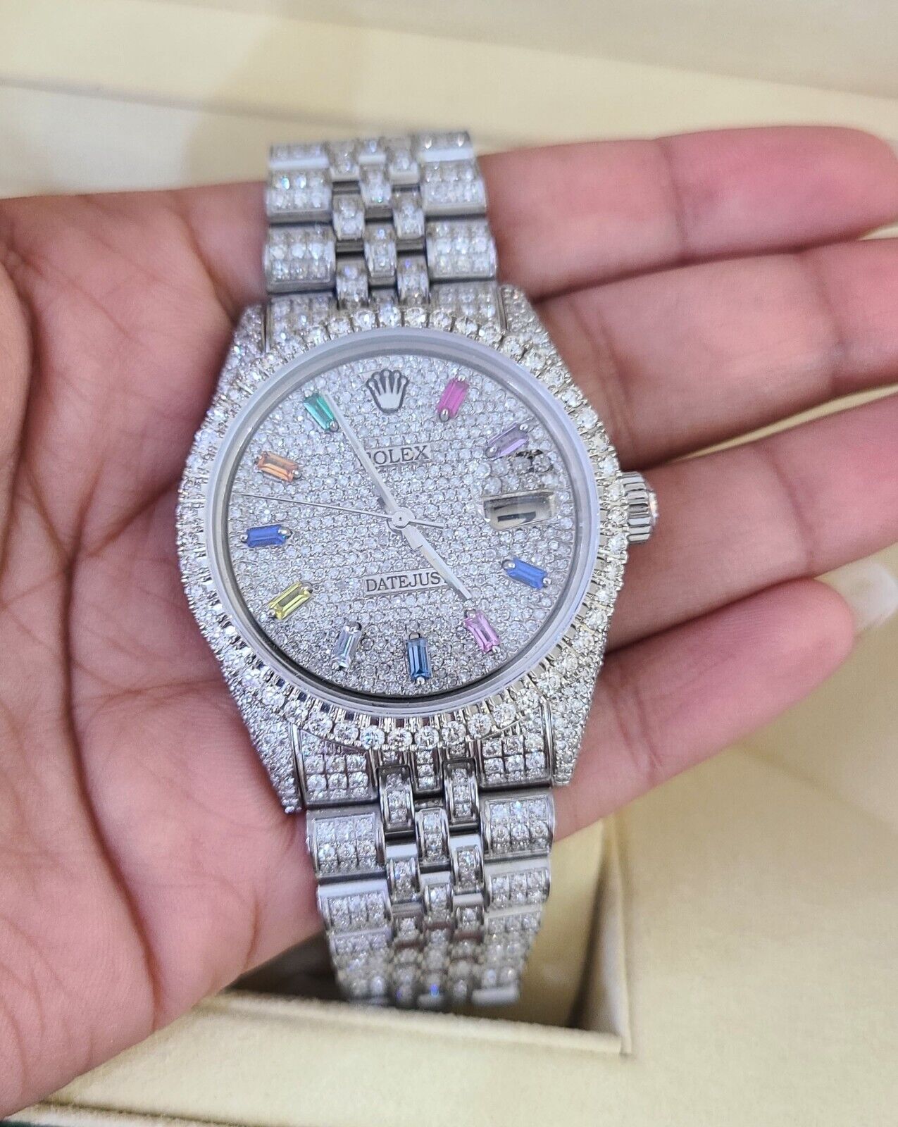 ROLEX Mens Iced Out Fully Load Datejust Rainbow Dial Genuine Diamonds 36mm Watch - GoldenlinQ