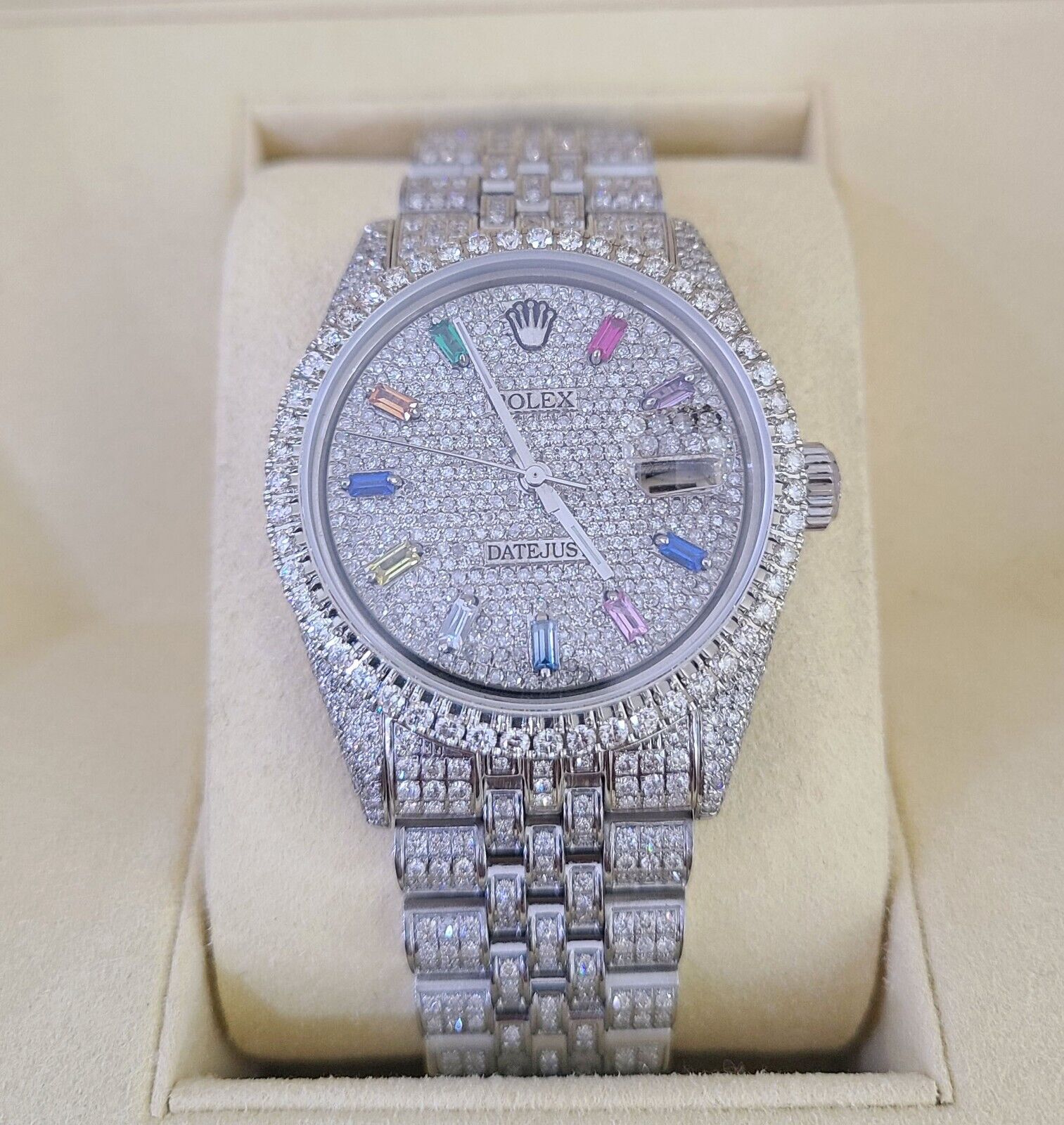 ROLEX Mens Iced Out Fully Load Datejust Rainbow Dial Genuine Diamonds 36mm Watch - GoldenlinQ