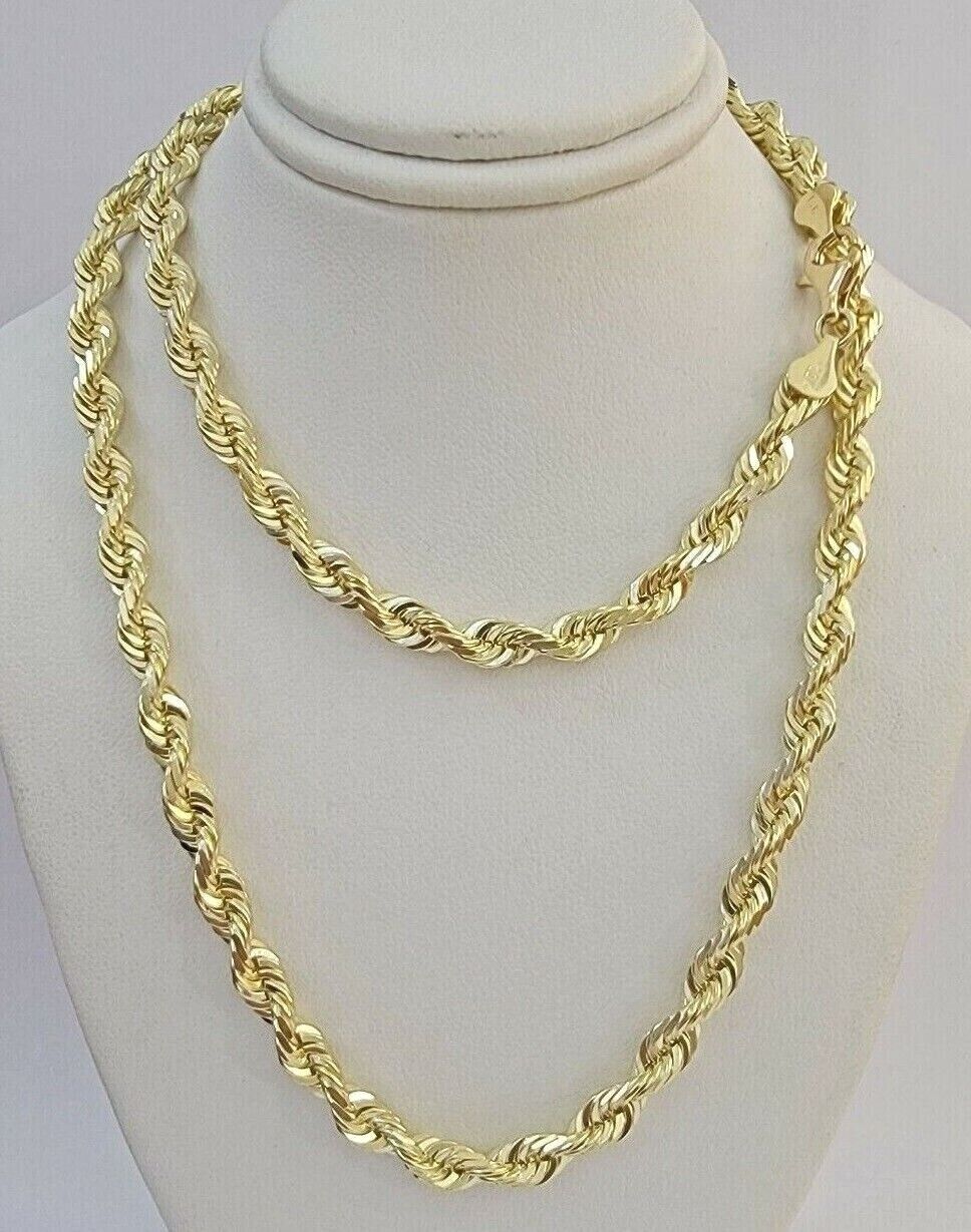 Rope Chain Necklace 5mm REAL 10kt Yellow Gold Solid link Diamond Cuts 22" Inch - GoldenlinQ