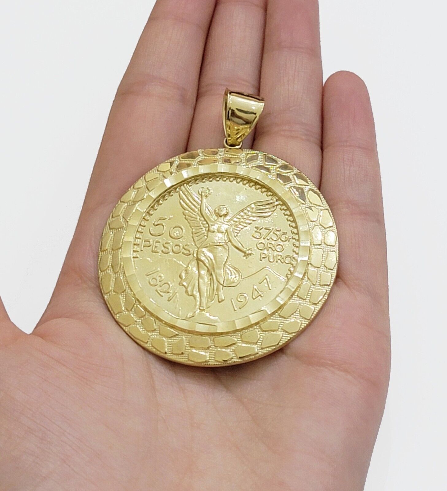 Solid 10k Gold Pendant Replica Nugget 50 Peso 1947 Mexican Centenaro Charm Style - GoldenlinQ