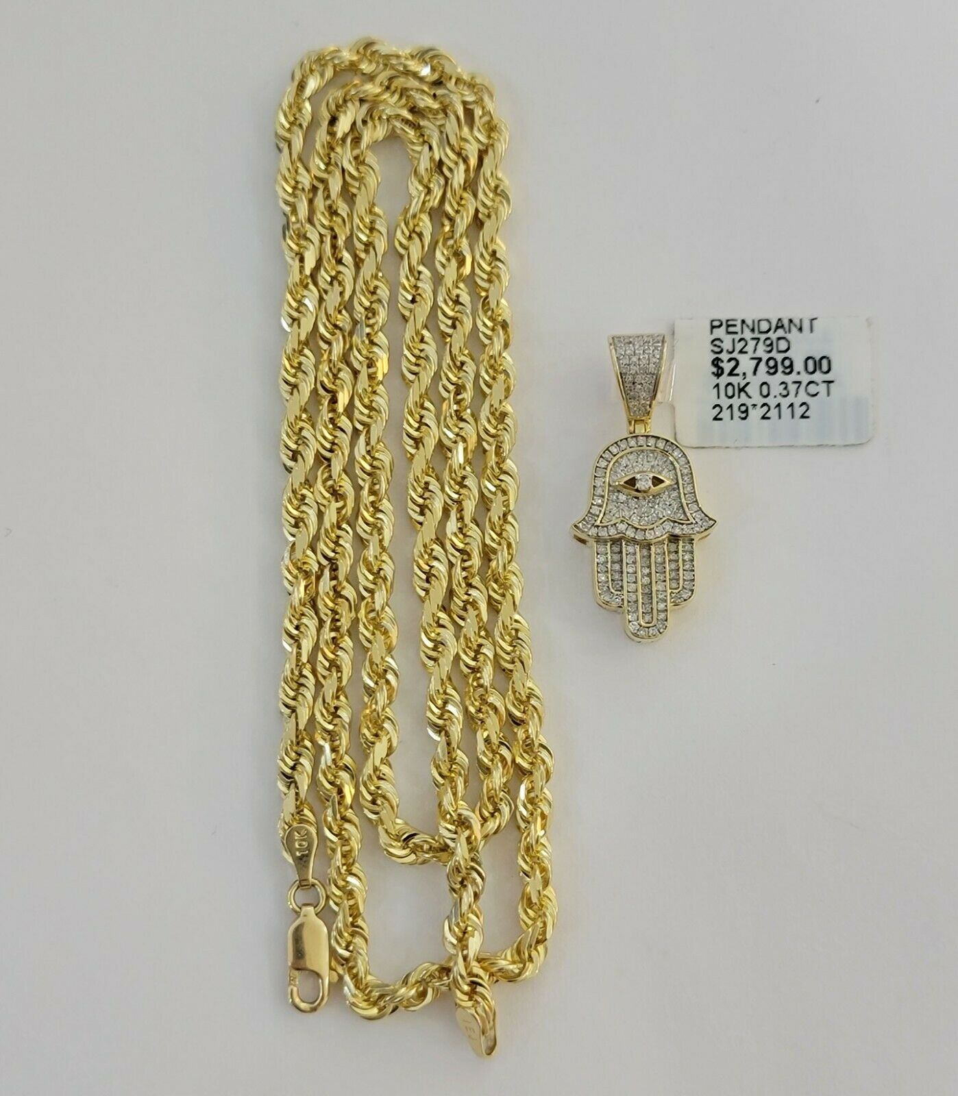 Solid 10k Gold Rope Chain Diamond Pendant Hamza Hand Charm Necklace 22" SET REAL - GoldenlinQ