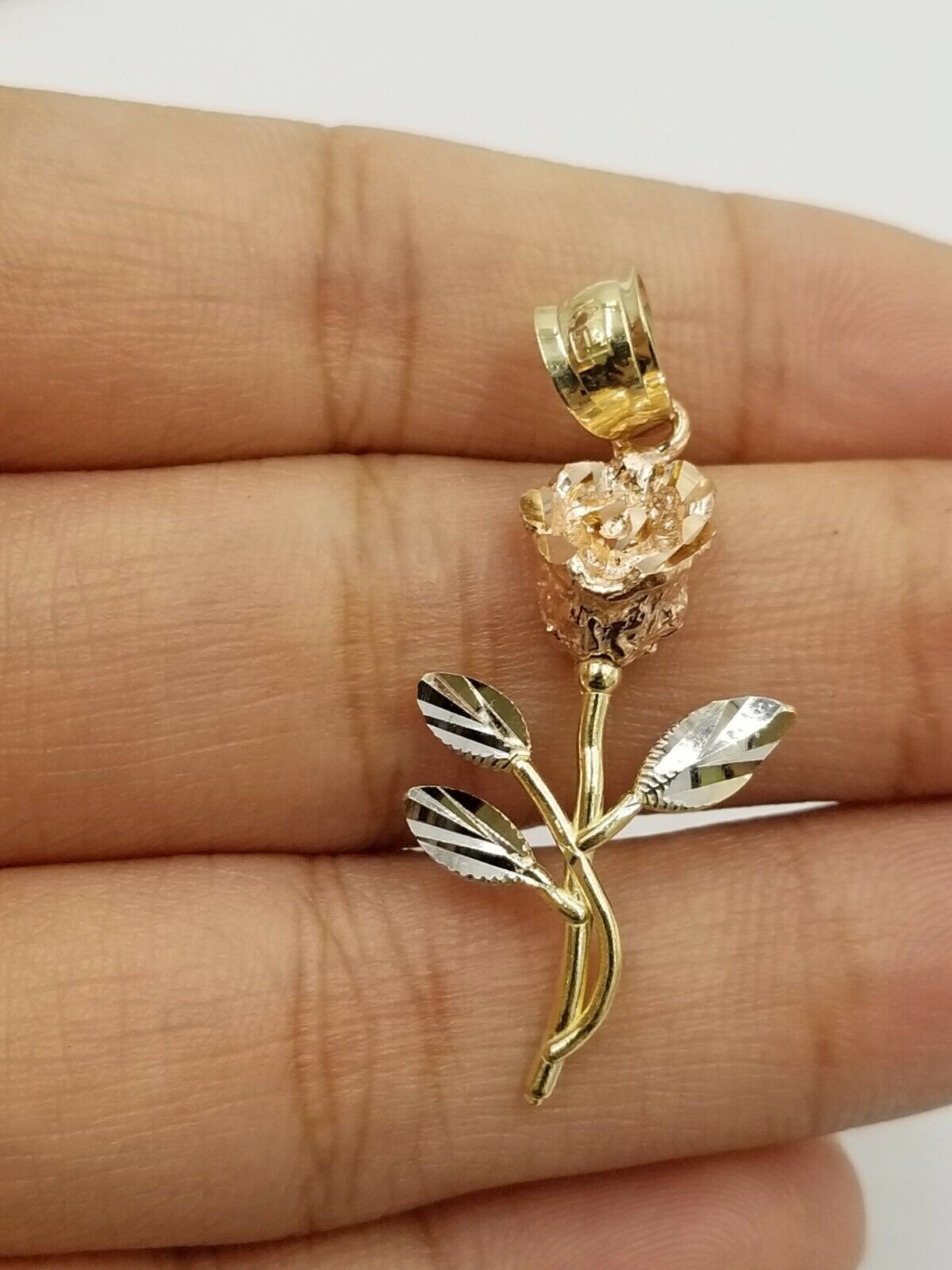 Solid 10k Rose Yellow White Gold Rose Flower Charm Trio Pendant Charm Women REAL - GoldenlinQ