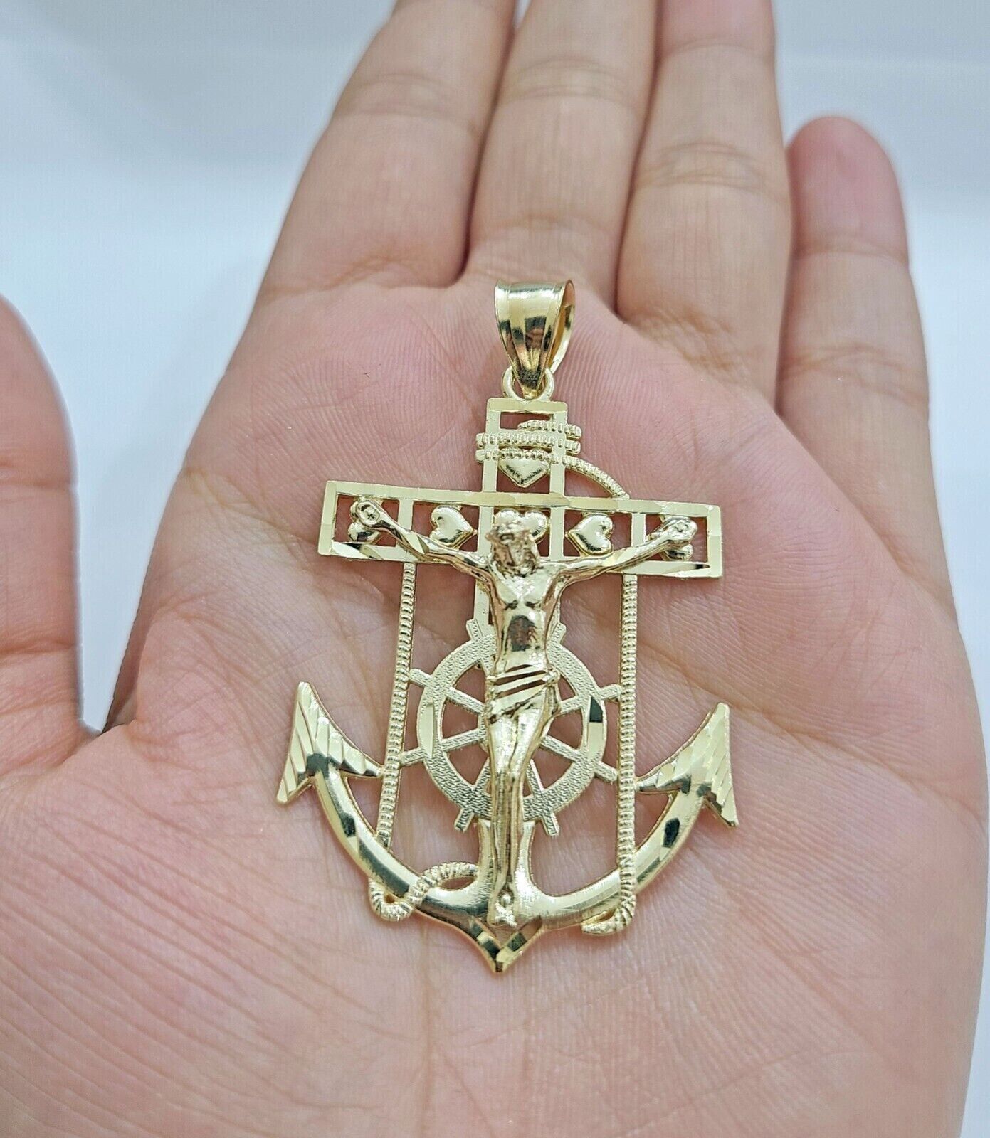 Solid 10k Yellow Gold Charm Anchor Pendant Mens Real 10 KT With Jesus crucifix - GoldenlinQ