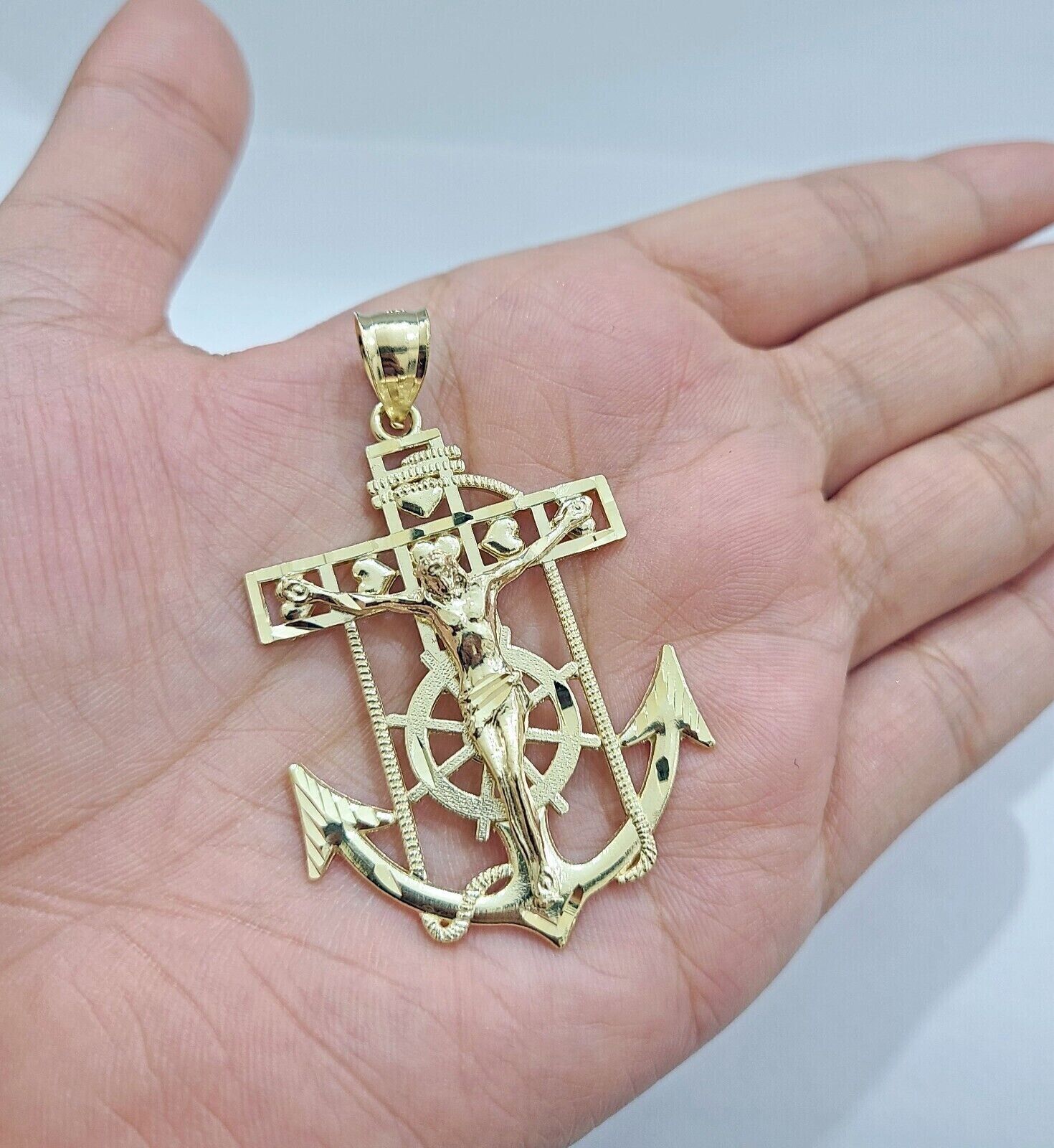 Solid 10k Yellow Gold Charm Anchor Pendant Mens Real 10 KT With Jesus crucifix - GoldenlinQ
