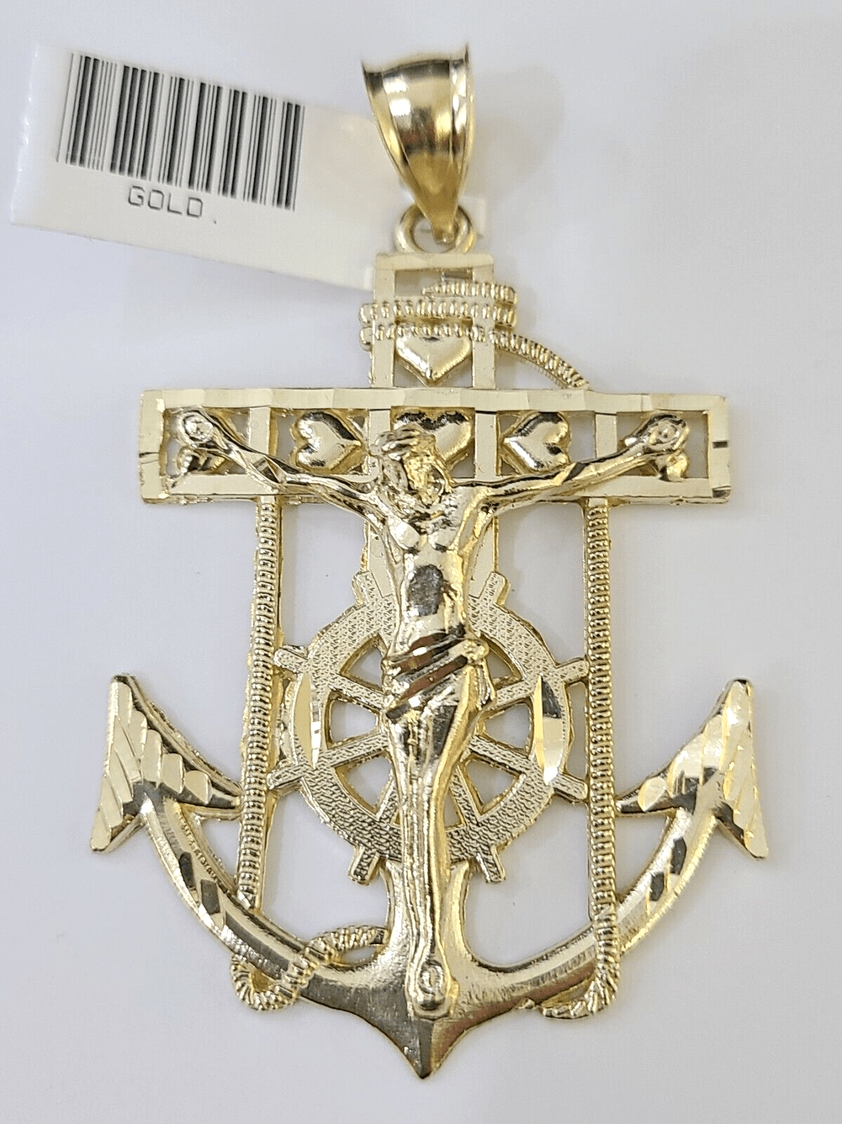Solid 10k Yellow Gold Charm Anchor Pendant Mens Real 10 KT With Jesus crucifix - GoldenlinQ